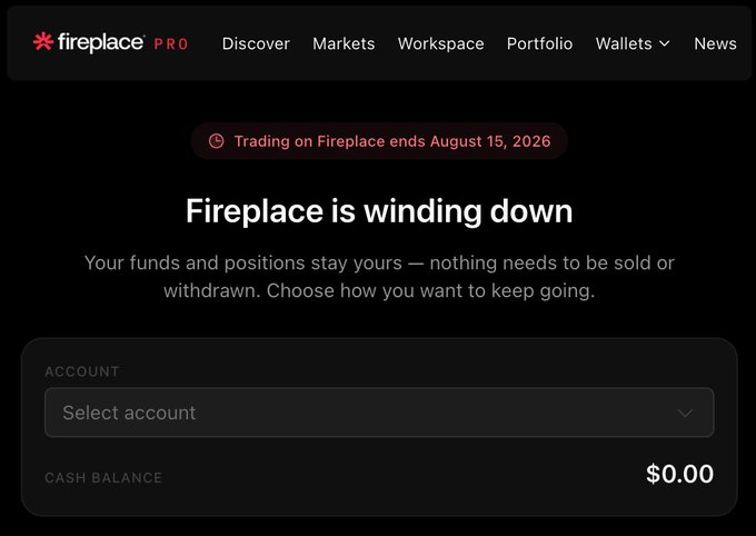 A screenshot of the Fireplace Pro platform displaying a "winding down" notice that announces, "Trading on Fireplace ends August 15, 2026," prominently advising users that their funds and positions remain intact. The image illustrates the platform's shutdown, aligning with the post's announcement that one of the earliest Polymarket terminals is closing just two days before its first anniversary.