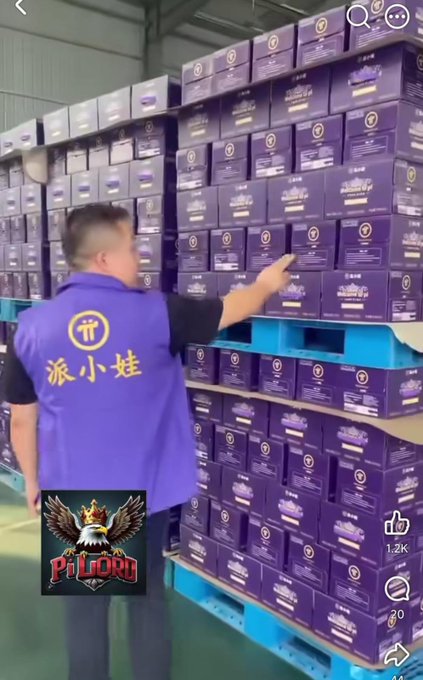 A man wearing a purple vest labeled "派小娃" gestures toward stacks of purple boxes in a warehouse, with a "Pi GLORY" logo in the corner.
