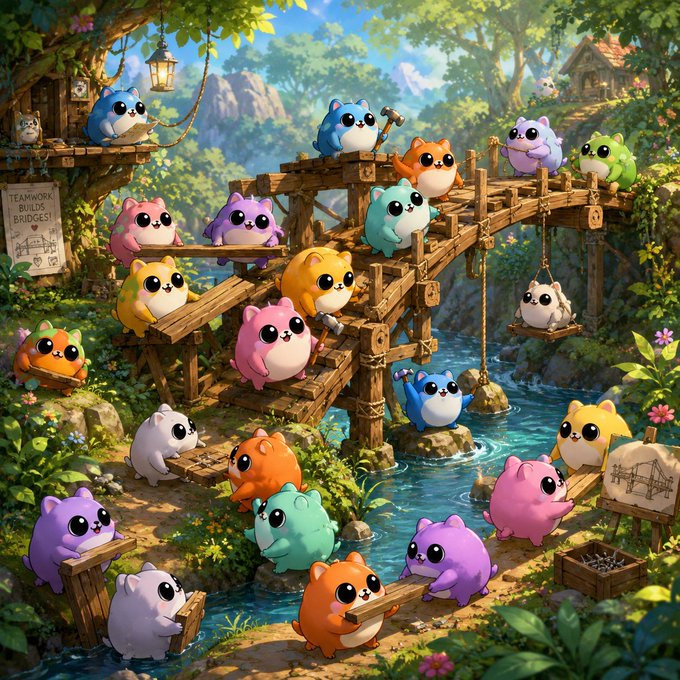The image features a group of colorful animal characters, including a pink pig, a blue bird, an orange fish, and other animals such as a cat and a dog. The animals are gathered around a wooden bridge that spans across a river or stream in a forest setting. The caption reads "Well said! $Toby is the people!", which suggests that the image might be related to a cartoon or comic strip featuring these characters.