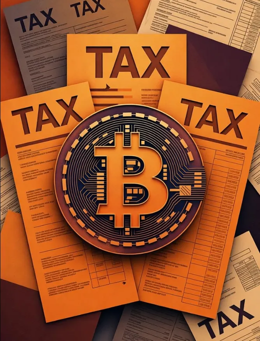 An orange and brown illustration shows tax forms labeled "TAX" scattered beneath a glowing Bitcoin "B" emblem with circuit-like detailing, visually emphasizing the post's point that a single $500 Bitcoin purchase could trigger three separate taxable events under Illinois's new digital asset law. The "TAX" headers repeated across multiple forms mirror the "three taxes" on one transaction described in the caption.