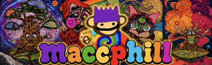 Colorful artwork featuring a central crowned monkey character labeled 'maccphill' is surrounded by other psychedelic creature illustrations.