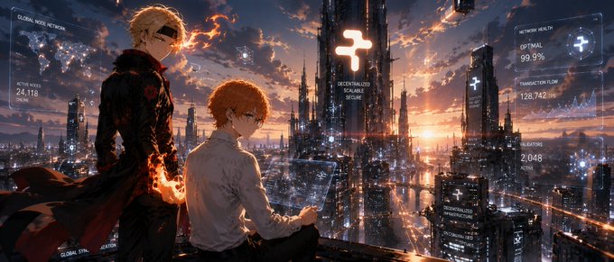 The image features two characters, a man and a woman, sitting together at the top of a building overlooking a cityscape with tall buildings lit up against an orange sky. The scene appears to be from a digital art piece or a graphic design, as indicated by the text "Web3 has spent years proving ownership. The next fight is proving truth. That is where @RialoHQ becomes important. More assets are moving on-chain. More systems are getting automated. More decisions are happening without people in the middle. But none of that works".