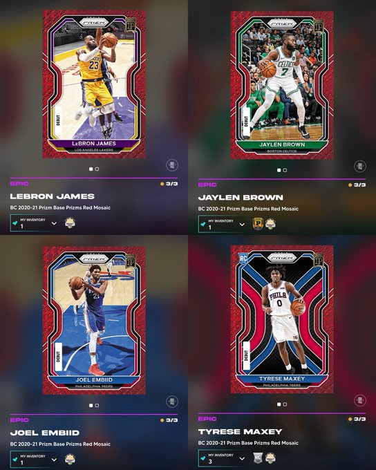 A screenshot of a digital card collection featuring four basketball cards labeled "EPIC" from "BC 2020-21 Prizm Base Prizms Red Mosaic," showing LeBron James, Jaylen Brown, Joel Embiid, and Tyrese Maxey.