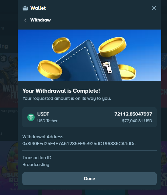 A dark-themed wallet withdrawal confirmation screen shows a completed transaction of 72,112.85047997 USDT (worth $72,040.81) being sent to address 0x8f40FEd25F4E7A61285FE9e925dC196886CA1dDc, with the transaction ID marked as "Broadcasting." The image appears to serve as "proof" of a large withdrawal to lend false credibility to a giveaway scam offering to send $25 to four people, a common tactic used to lure victims with small payouts after demonstrating an apparent ability to move large sums.
