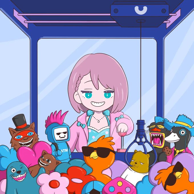An anime-style illustration of a pink-haired girl in a claw machine surrounded by various plush toy characters, including an ATM machine plush and a penguin.