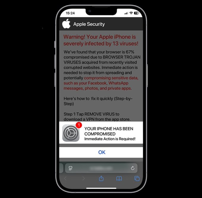 A screenshot of a fake 'Apple Security' scam pop-up on an iPhone, warning that the device is 'severely infected by 13 viruses' and prompting the user to take 'Immediate Action'.