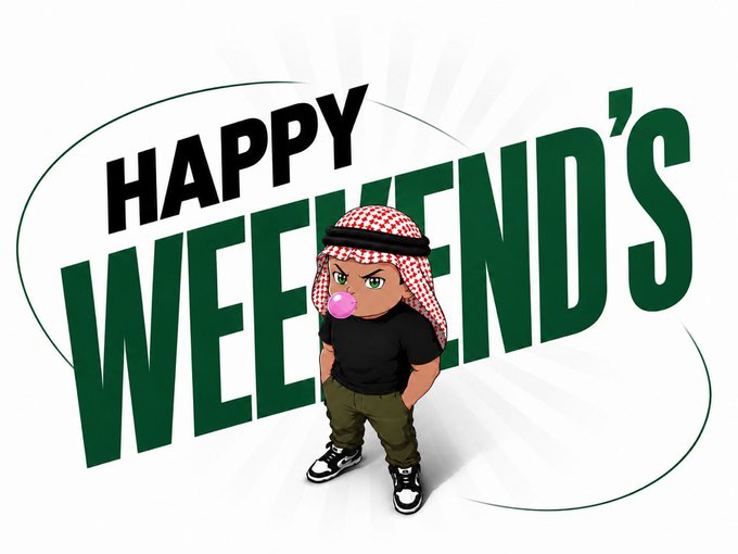 A cartoon baby wearing a keffiyeh and blowing a pink bubblegum bubble stands in front of 'HAPPY WEEKEND'S' text.