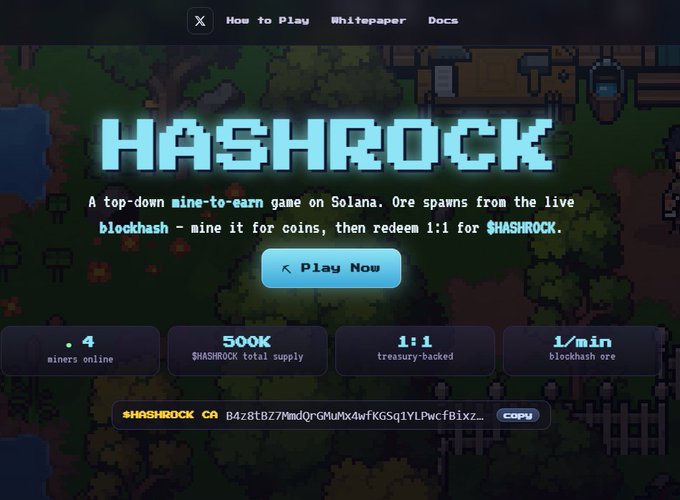 The image features a screenshot of an ad or banner for a video game called " Hash Rock", with a website link provided within the frame. The text displayed below the game title suggests that this game is free-to-play, which means players can play without having to spend any money on the game itself. However, there are certain items in the game that players must trade or acquire using real coins as rewards. These in-game objects have a total supply capped at 500k tokens. The website offers instructions and tips for how to make a living from playing this game through mining, where players can mine virtual currency (coins) to obtain these valuable items.