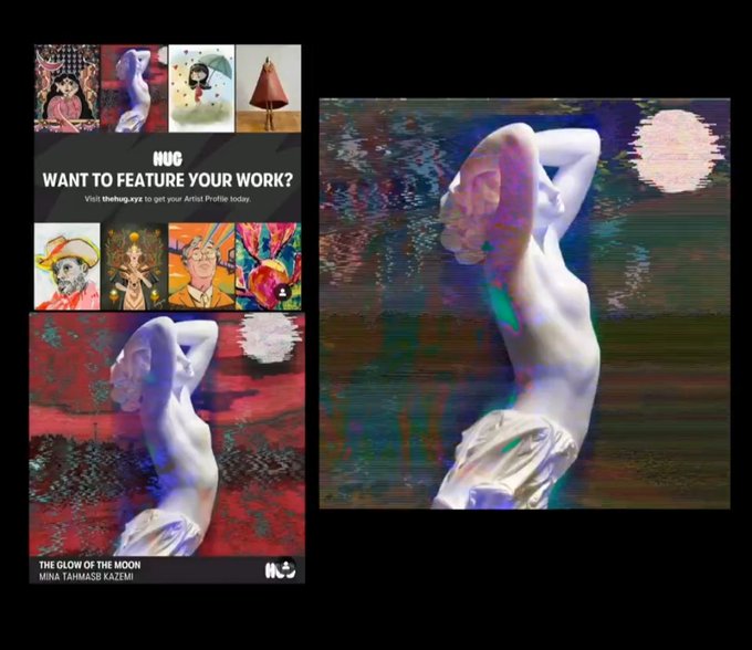 This image features a promotional graphic from HUG that highlights "The Glow of the Moon" by Mina Tahmasb Kazemi, showcasing the glitch-style artwork of a white statue under a moonlit sky. The artwork is featured prominently to celebrate its selection as the "Artist of the Week" on the hug.art website.