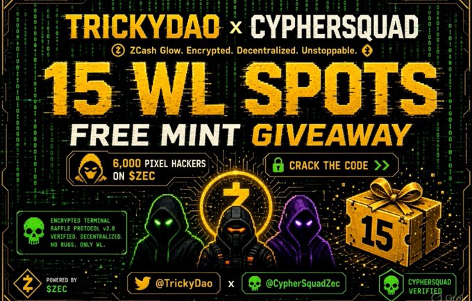 A promotional graphic for a "15 WL SpOTS FREE MINT GIVEAWAY" collaboration between TrickyDAO and CypherSquad, featuring "6,000 PIXEL HACKERS ON $ZEC" with an "Encrypted Terminal" V2.0 theme and a call to "CRACK THE CODE," matching the post's details of a free mint for 6,000 hackers on the Zcash blockchain.