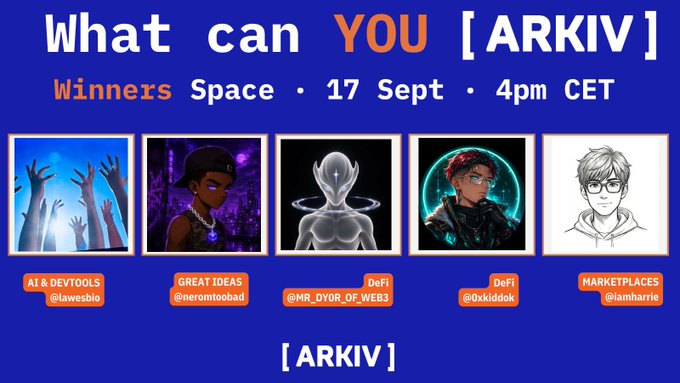 Promotional graphic for 'What can YOU [ARKIV] Winners Space · 17 Sept · 4pm CET' featuring five profile images with categories and handles: AI & DEVTOOLS @lawesbio, GREAT IDEAS @neromtoobad, DeFi @MR_DYOR_OF_WEB3, DeFi @0xkiddok, and MARKETPLACES @iamharrie.