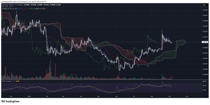 A TradingView chart displaying the Polkadot/Dog/USDT cryptocurrency pair with candlesticks, moving averages (10, 20, 30, 50, 100, 200), volume bars, and an RSI (14) indicator at the bottom.