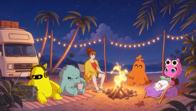 A whimsical nighttime beach scene features a young woman in a yellow cardigan sitting by a campfire, surrounded by colorful plush characters—yellow, blue, orange, and a pink frog in a hammock—under string lights beside a vintage van and palm trees. The cozy "beats to trade" vibe captures a relaxed summer-to-autumn transition, fitting the laid-back trading soundtrack.