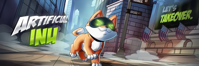 A colorful cartoon graphic titled 'ARTIFICIAL INU' featuring an orange cat wearing green glowing sunglasses, with 'Wall St' and 'Broad St' street signs and text reading 'LET'S TAKEOVER' alongside American flags.