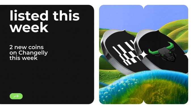 A promotional graphic titled "listed this week" announces "2 new coins on Changelly this week," featuring 3D coin icons—one resembling the Hyperliquid (HYPE) logo with its vertical bars and another bearing a bull's head—set against a stylized green hills and blue sky background. The image accompanies a post highlighting new listings of $ANSEM (a Solana memecoin on HTX) and $DATA (Streamr's decentralized data protocol), both available to buy or swap on Changelly.