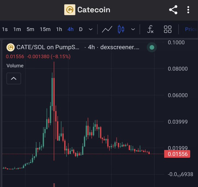 A mobile trading screen displaying a 4-hour candlestick chart for 'CATE/SOL on PumpS...' (Catecoin) showing a price of 0.01556, down 8.15%.