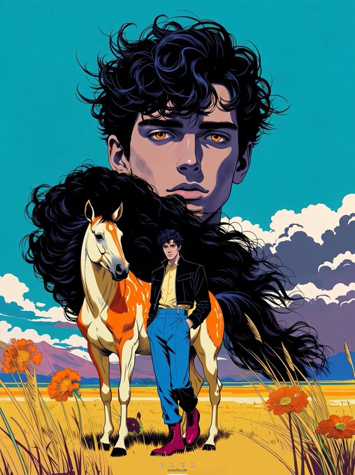 A stylized anime-style illustration showing a large face of a young man with curly black hair looming over a smaller figure of himself standing next to a horse in a flower-filled field.