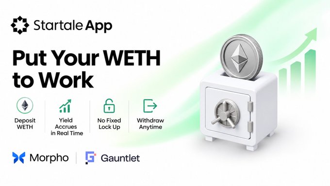 An advertisement for the Startale App promoting "Put Your WETH to Work" features a 3D rendering of a white safe containing an Ethereum coin, with partner logos for Morpho and Gauntlet.