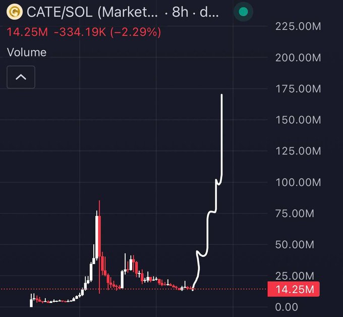 This CATE/SOL chart shows a dramatic upward trend after a period of consolidation, indicating a potential significant surge in volume and price for the $CATE ticker. The accompanying post "Zoom out $CATE" likely refers to this chart's extended view and the explosive growth it depicts.