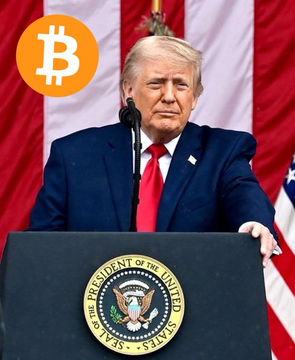 President Trump is pictured with a Bitcoin logo, likely symbolizing his reported agreement to new crypto ethics provisions and his push for the CLARITY Act.