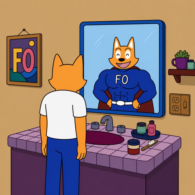 A cartoon illustration of an orange fox in a white shirt looking in a bathroom mirror at a muscular superhero version of itself wearing a blue "FO" outfit, with an "FO" poster on the wall.