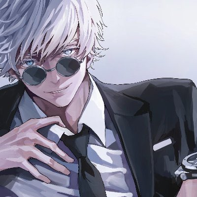 An anime-style illustration of a silver-haired character wearing sunglasses and a black suit with a tie, posing with one hand raised.
