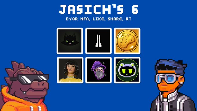 A graphic titled 'JASICH'S 6' showing a grid of six NFT thumbnails featuring various characters and logos, with pixel art characters on either side.