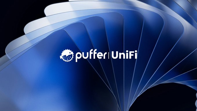 The image features an abstract blue, layered design resembling a flowing wave or folded structure, with the "Puffer | UniFi" logo centered over it. The flowing, interconnected layers visually reinforce the post's theme of unifying fragmented liquidity across Ethereum rollups into a single, cohesive ecosystem.