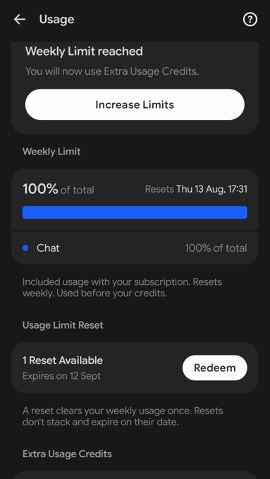 A mobile app screenshot showing a 'Usage' screen indicating 'Weekly Limit reached' at 100% of total, with options to redeem a usage limit reset before it expires on 12 September.