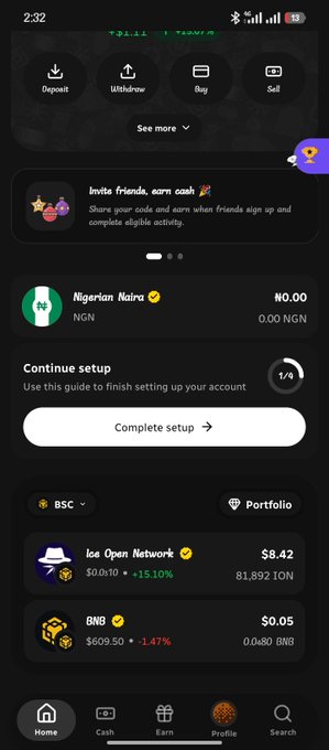 The image shows a screenshot of the Celia Wallet mobile app displaying the user's portfolio, with an "Ice Open Network" (ION) holding of $8.42 (81,892 ION) on the BSC network, supporting the post about purchasing $ION through the wallet. Other visible features include Deposit, Withdraw, Buy, and Sell buttons at the top, a Nigerian Naira balance of ₦0.00, and a BNB balance of $0.05.