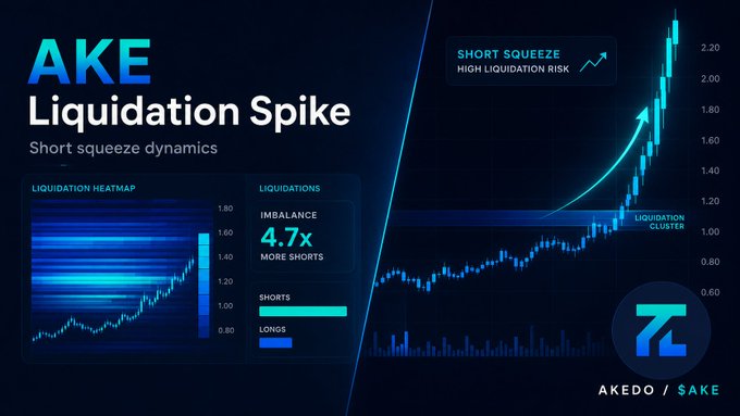 A dark-themed trading dashboard titled "AKE Liquidation Spike" highlights short squeeze dynamics for the $AKE ticker, featuring a candlestick chart with a labeled "SHORT SQUEEZE — HIGH LIQUIDATION RISK" annotation, a liquidation heatmap, and a 4.7x imbalance favoring short liquidations. The visuals directly support the post's narrative by illustrating how an overcrowded short trade triggered approximately $285.44K in short liquidations versus minimal long liquidations, driving the sharp upward price spike shown on the chart.
