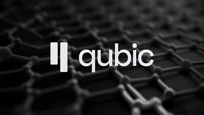 The image displays the **Qubic** logo in white text alongside its symbol, set against a dark, hexagonal molecular-structure background that evokes its tech-driven, blockchain-based identity. This visually ties into the accompanying post, which highlights Qubic's ecosystem milestones—including the v1.301.6 release, upcoming halving, network performance metrics, and AEON Pay/QPay integrations.