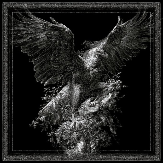A detailed black-and-white illustration of a majestic eagle with spread wings perched on a rocky outcrop, presented within an ornate decorative frame.