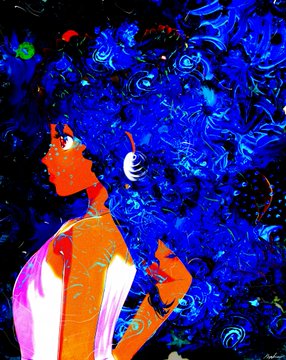 A vibrant, stylized digital artwork depicting an orange silhouetted figure against a swirling blue and green background.