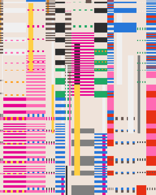 An abstract digital artwork features a dense arrangement of vertical and horizontal stripes, blocks, and dotted lines in pink, blue, yellow, red, and gray on a light background.