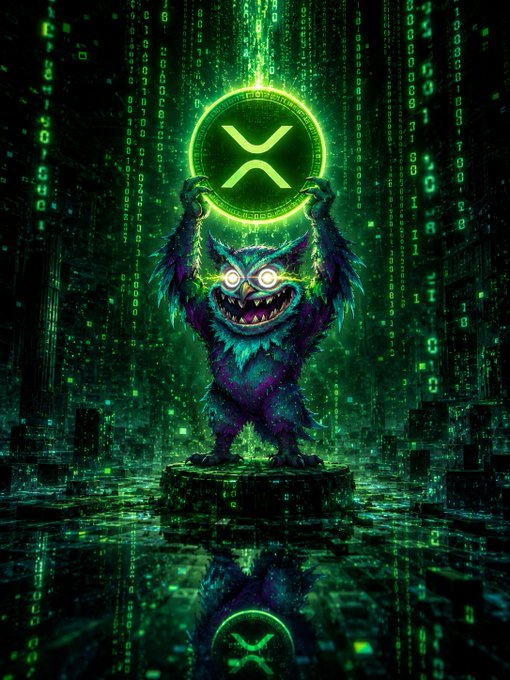 A glowing green digital Matrix backdrop features a fierce cartoon monster holding up a luminous XRP (Ripple) cryptocurrency coin, with binary code raining down around it.