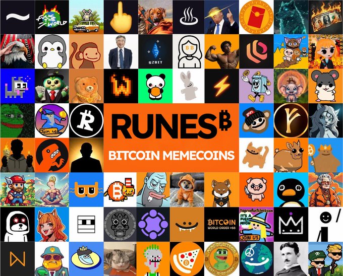 A collage of various meme icons surrounding a central orange box reading 'RUNES BITCOIN MEMECOINS', including recognizable characters and logos from internet culture.