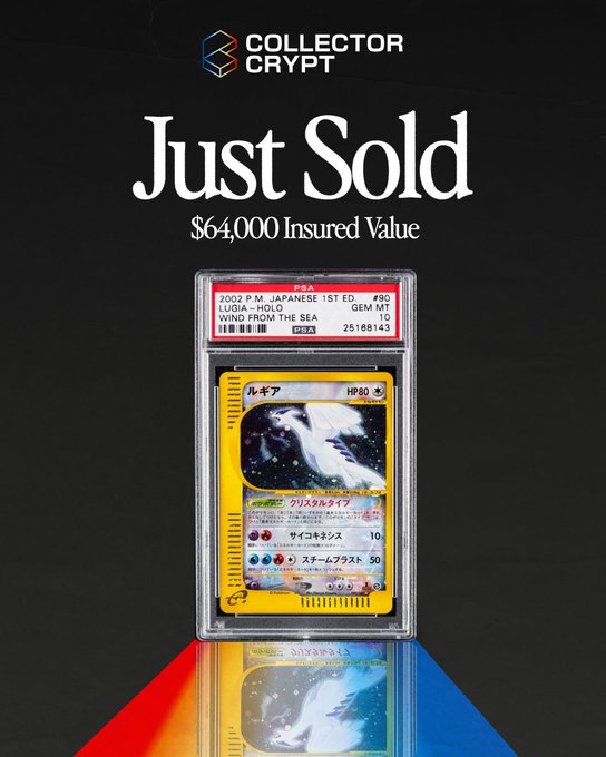 A PSA-graded 1st Edition Japanese Lugia-Holo Pokémon card (Wind From the Sea, #251) recently sold for a $64,000 insured value through Collector Crypt, illustrating how high-end TCG collectibles are being brought onchain to unlock better liquidity and accessibility for collectors.