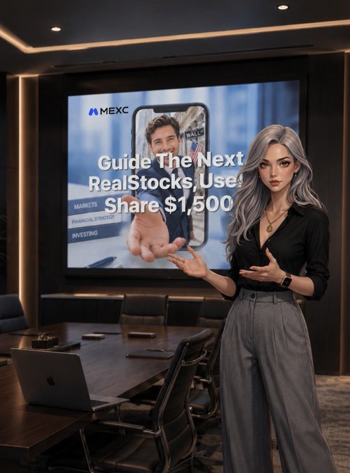 A woman with long hair stands in front of a screen displaying an advertisement for the Next RealStocks platform, which allows people to buy or sell stocks for $500. The woman seems knowledgeable about investing as she presents an informative guide on the use of this new platform.