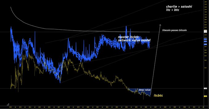 The image shows a black-and-white graph with blue lines representing stock prices of different cryptocurrencies over time, set against a dark background. The title "chartier - Salahini" can be seen at the top of the image. On this graph, there are specific labels indicating that two cryptocurrency names appear to represent their respective price ranges or market trends.