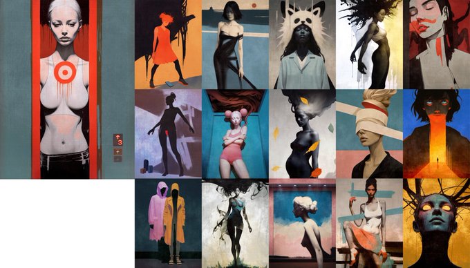 A grid of 18 digital artworks from the series 'This Lives Within Me' showcases diverse surreal and stylized portraits, with the prominent piece on the far left depicting a woman with a target on her chest standing next to an elevator panel marked with the number 3.