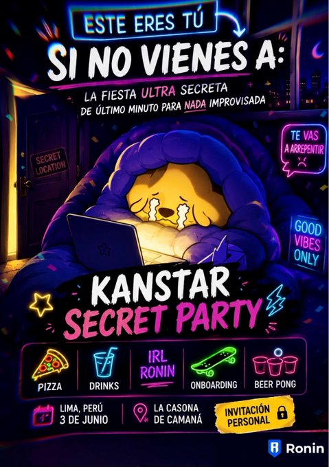 The image features a poster for a secret party called "KANSTAR SECRET PARTY IRL" that takes place at the Ronin Network, which is an online community for students in Peru. The poster includes details about the event such as its date, time, and location, along with various activities like pizza, beer pong, and drinks. There are also descriptions of other events happening around the world during this time period.