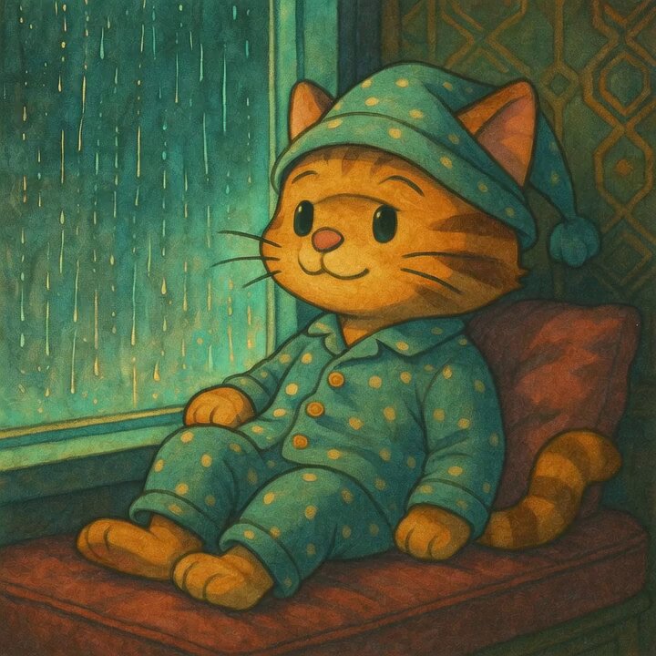 The image features a cartoon cat wearing pajamas, sitting on a red cushion with its paws crossed. The cat appears to be looking out of an open window at rain falling outside. The scene has a whimsical and playful atmosphere, reminiscent of a children's book or a digital art piece.
