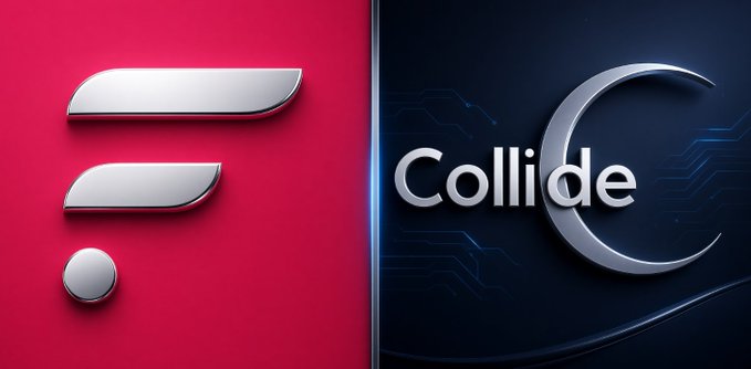 A split graphic showing a silver 'F' logo on a red background on the left and 'Collide C' text on a dark blue circuit-patterned background on the right.