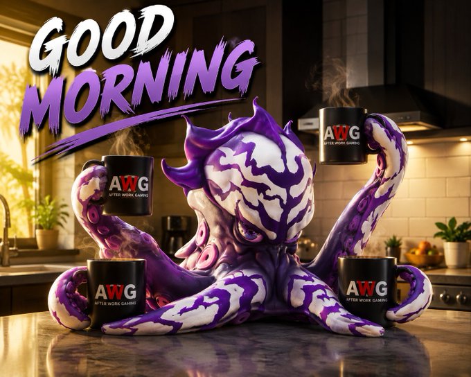 A purple and white octopus-like creature wearing a chef's hat holds coffee mugs in its tentacles, surrounded by mugs marked "AWG AFTER WORK GAMING" with the text "GOOD MORNING" above.