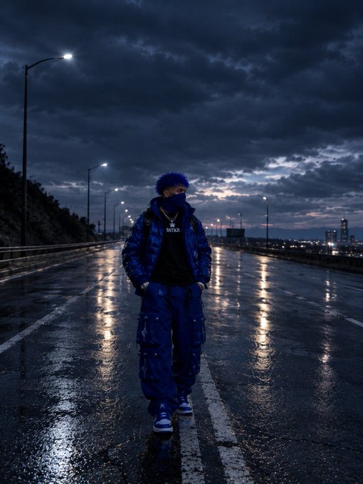 A moody photograph of a person dressed entirely in blue (puffer jacket, pants, sneakers, and beanie) standing on a wet road at night, with streetlights and a dark cloudy sky in the background.
