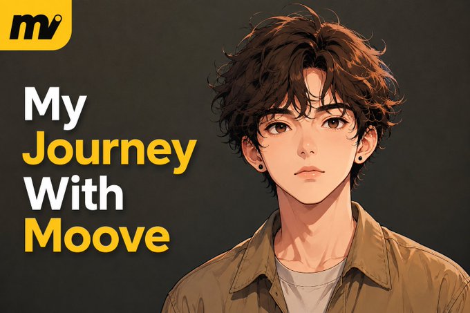 A digital illustration of a young man with curly brown hair and ear piercings wearing a tan jacket is featured alongside the text "My Journey With Moove" and an "mv" logo, serving as a header graphic for a testimonial about the Moove community's low-fee crypto wallet experience.