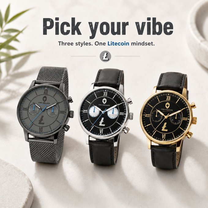 The image features three different styles of watches, each with a unique color scheme - black, gold, and gray. The watches are displayed against a white background, making them stand out prominently. The text "Pick your vibe Three styles. One Litecoin mindset." is written above the watches, suggesting that these watches cater to those who appreciate both style and crypto-friendly accessories.