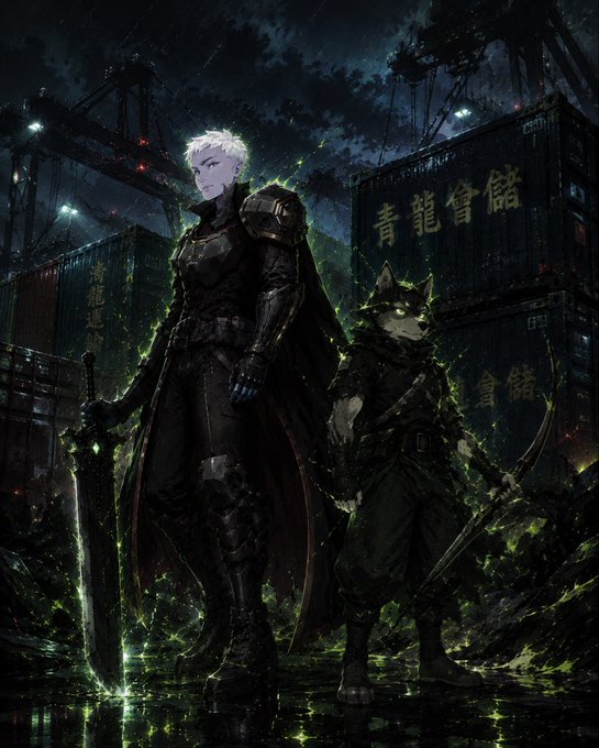 Dark fantasy digital artwork of a white-haired warrior in dark armor holding a glowing green sword, standing next to an anthropomorphic wolf-like creature holding a blade, in a setting with shipping containers bearing Chinese characters.