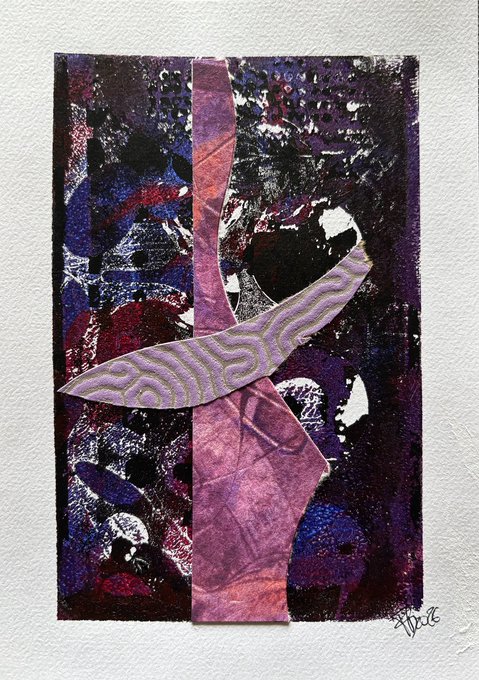 A mixed-media collage artwork featuring layered purple, pink, and magenta paper shapes—including a patterned ribbon-like form—over a textured dark background with abstract prints. The artist's signature is visible in the lower right corner, corresponding to "Week 33" by Fabrizio Brarez.